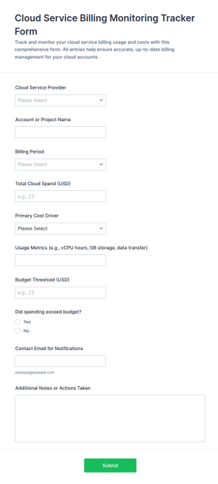 Cloud Service Billing Monitoring Tracker Form Template