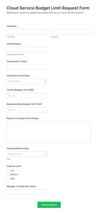 Cloud Service Budget Limit Request Form Template