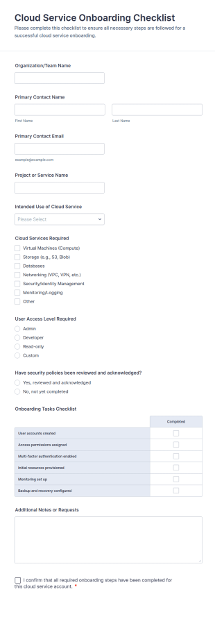 Cloud Service Onboarding Checklist Form Template