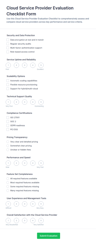 Cloud Service Provider Evaluation Checklist Form Template