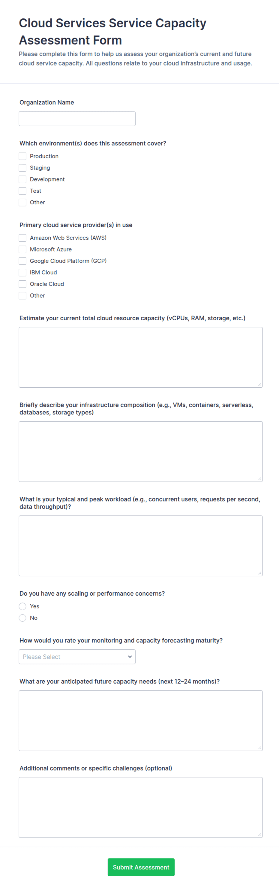 Cloud Services Service Capacity Assessment Form Template | Jotform