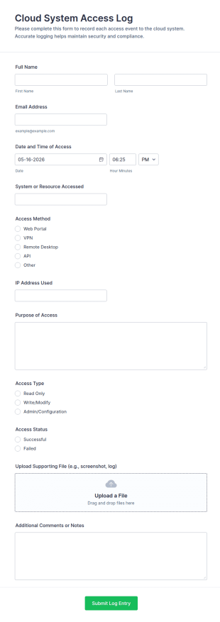 Cloud System Access Log Form Template