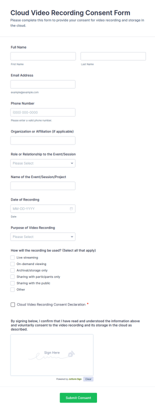 Cloud Video Recording Consent Form Template