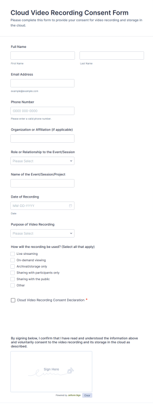 Cloud Video Recording Consent Form Template