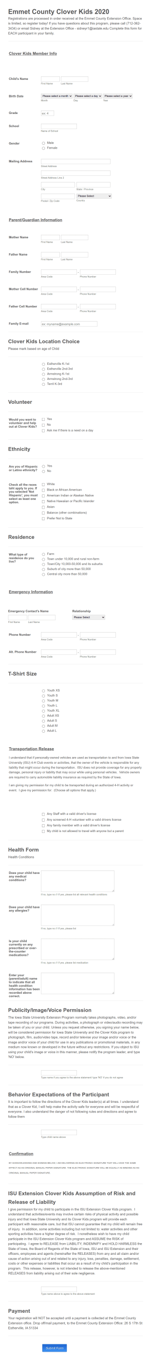 Clover Kids 2020 Form Template