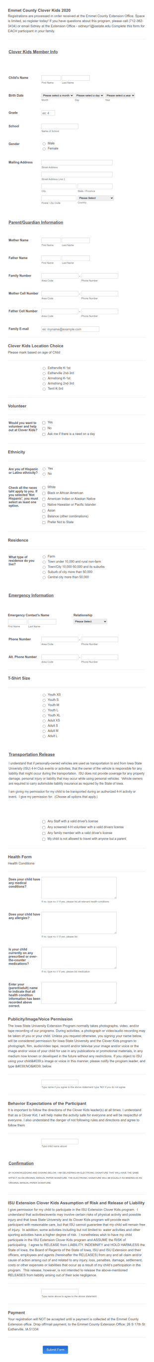 Clover Kids 2020 Form Template