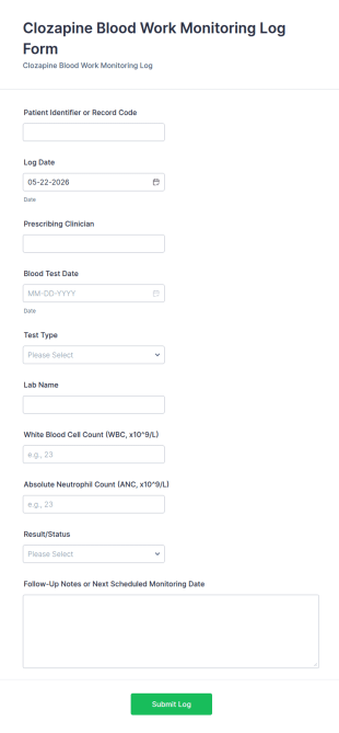 Clozapine Blood Work Monitoring Log Form Template