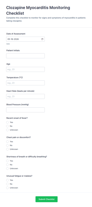 Clozapine Myocarditis Monitoring Checklist Form Template