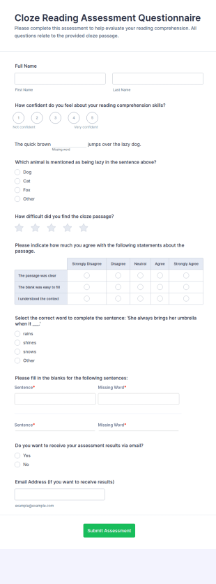 Cloze Reading Assessment Questionnaire Form Template