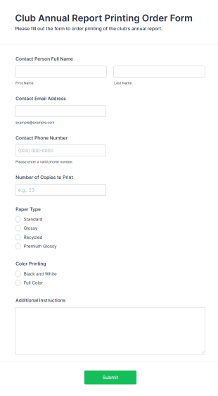 Club Annual Report Printing Order Form Template