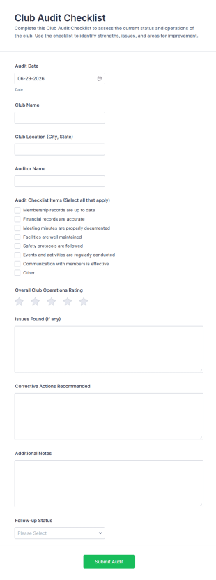 Club Audit Checklist Form Template