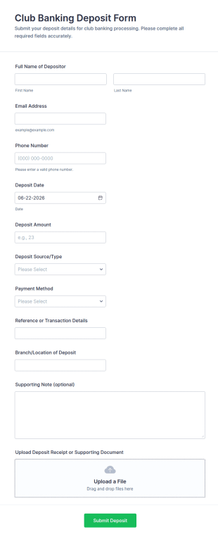 Club Banking Deposit Form Template