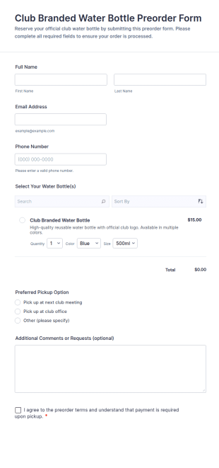 Club Branded Water Bottle Preorder Form Template