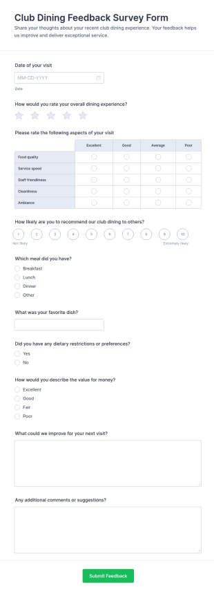 Club Dining Feedback Survey Form Template