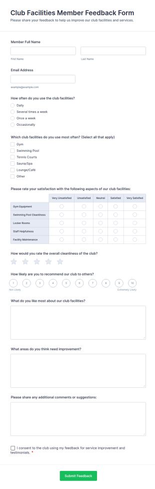 Club Facilities Member Feedback Form Template