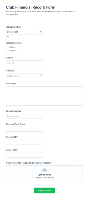Club Financial Record Form Template