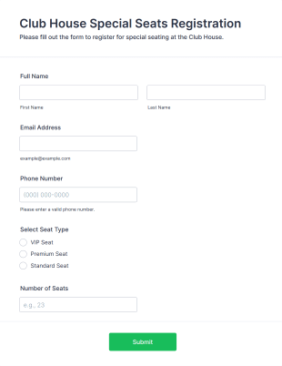 Club House Special Seats Registration Form Template