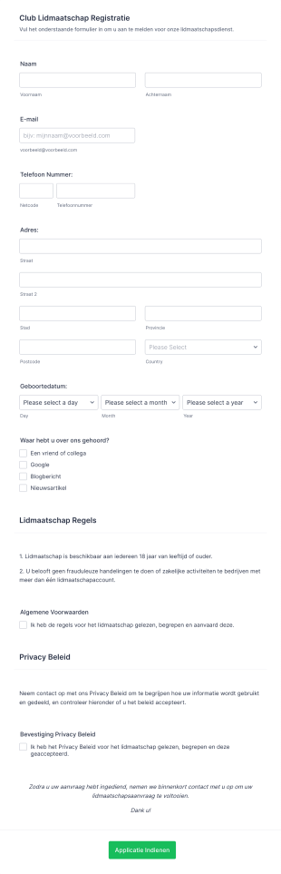 Club Lidmaatschap Registratieformulier Form Template