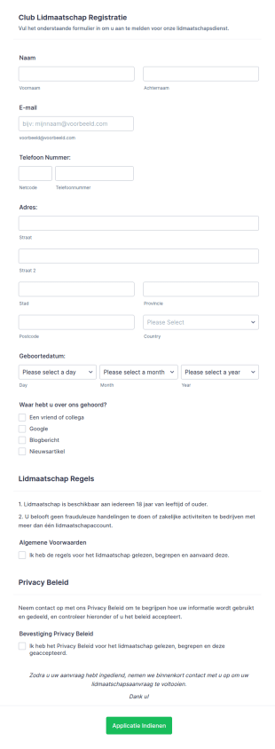 Club Lidmaatschap Registratieformulier