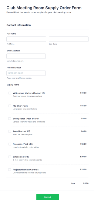 Club Meeting Room Supply Order Form Template