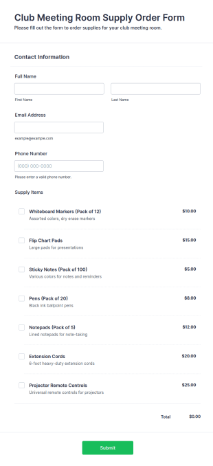 Club Meeting Room Supply Order Form Template