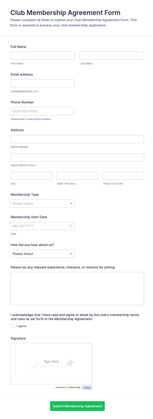 Club Membership Agreement Form Template