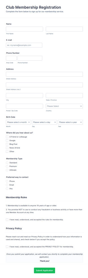 Club Membership Registration Form Template