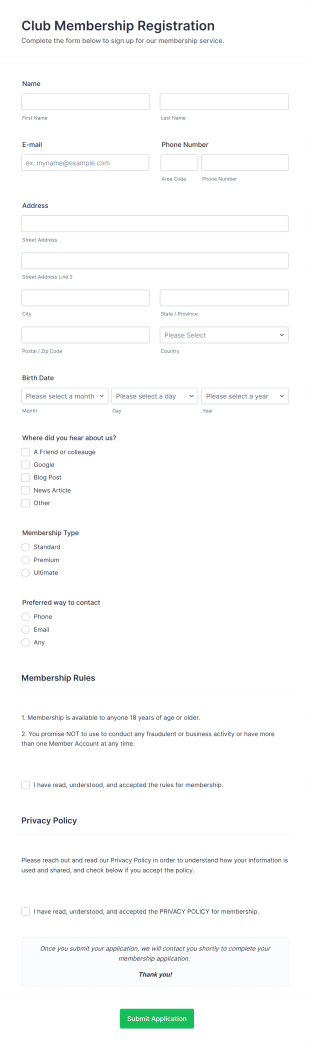 Club Membership Registration Form Template