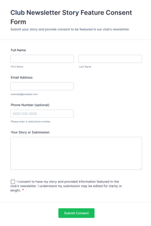 Club Newsletter Story Feature Consent Form Template