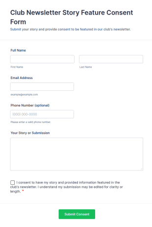 Club Newsletter Story Feature Consent Form Template