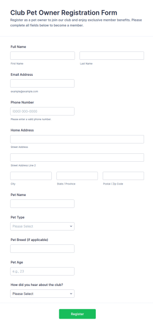 Club Pet Owner Registration Form Template