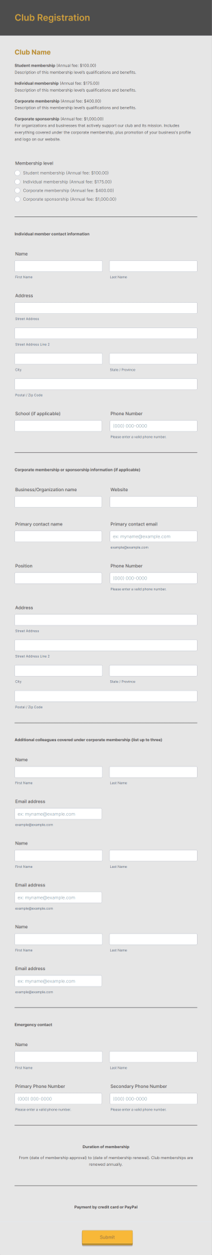 Club Registration Form Template