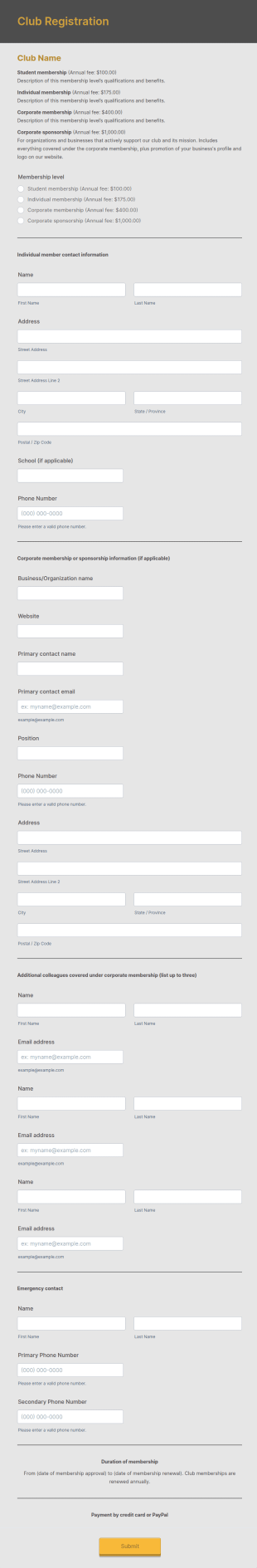 Club Registration Form Template