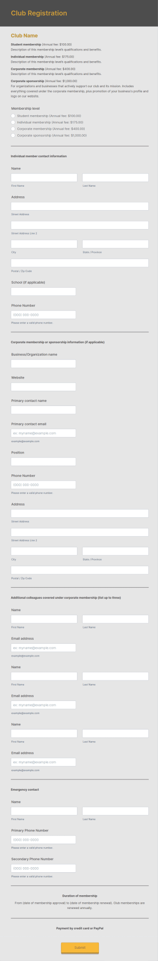 Club Registration Form Template