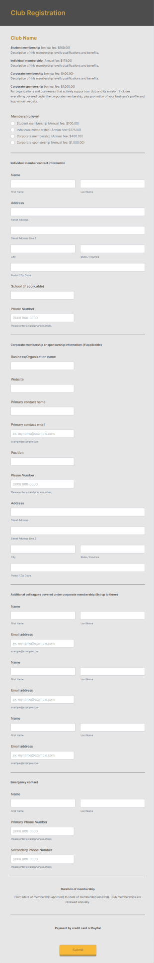 Club Registration Form Template