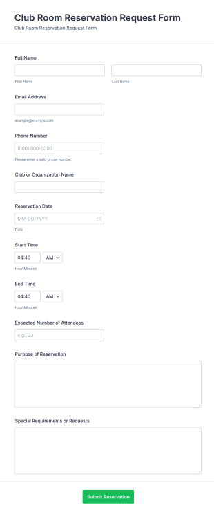 Club Room Reservation Request Form Template