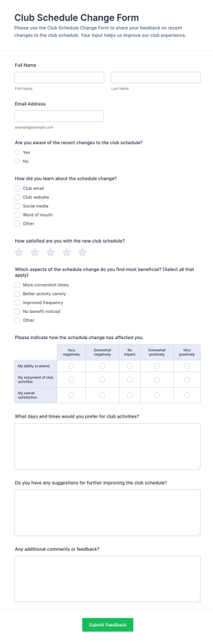 Club Schedule Change Survey Form Template
