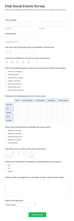 Club Social Events Survey Form Template