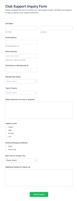 Club Support Inquiry Form Template