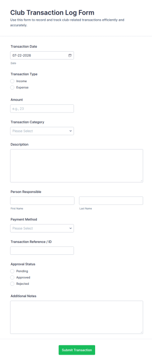 Club Transaction Log Form Template