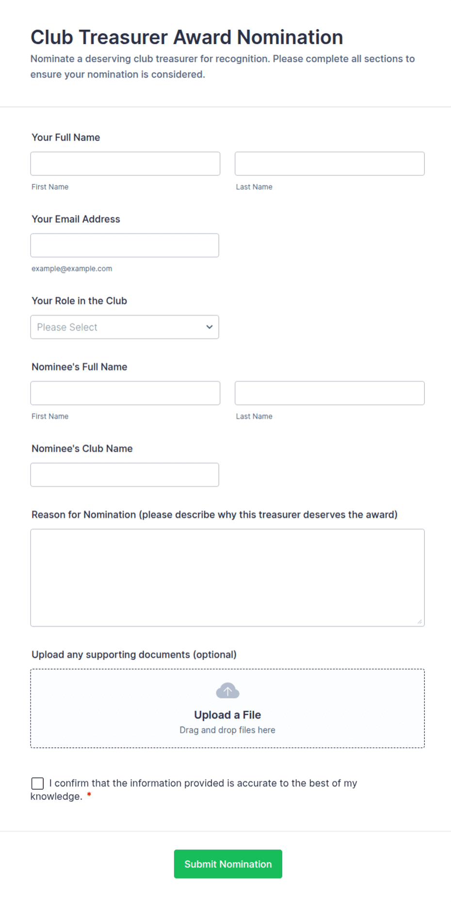 Club Treasurer Award Nomination Form Template | Jotform