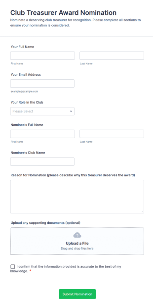 Club Treasurer Award Nomination Form Template