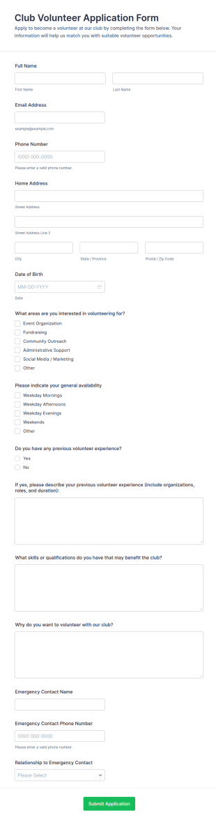 Club Volunteer Application Form Template
