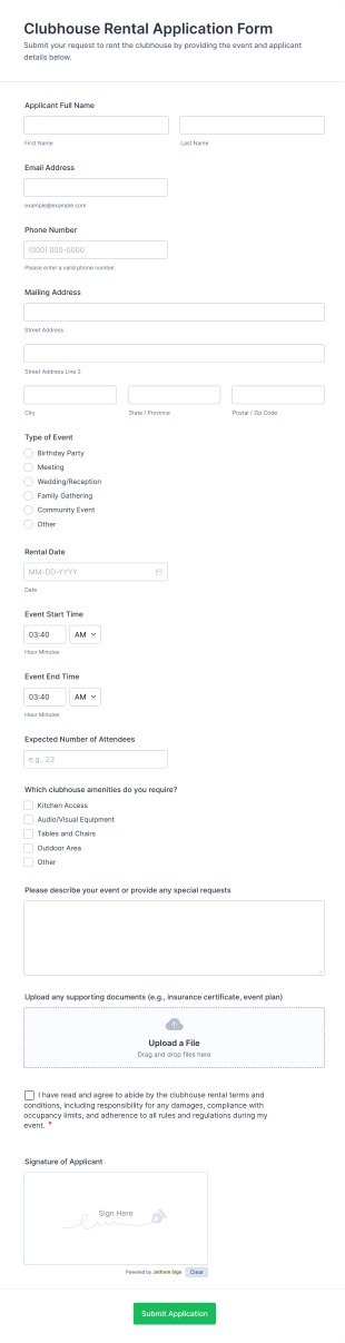 Clubhouse Rental Application Form Template