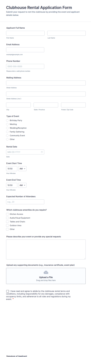 Clubhouse Rental Application Form Template