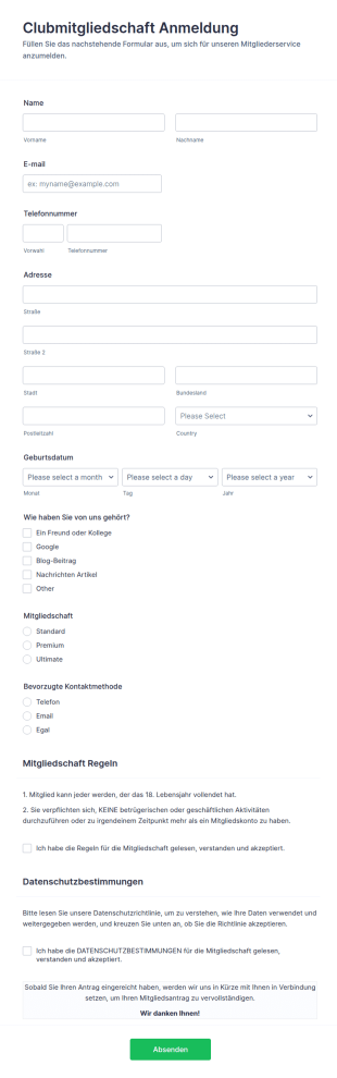 Clubmitgliedschaft Anmeldung