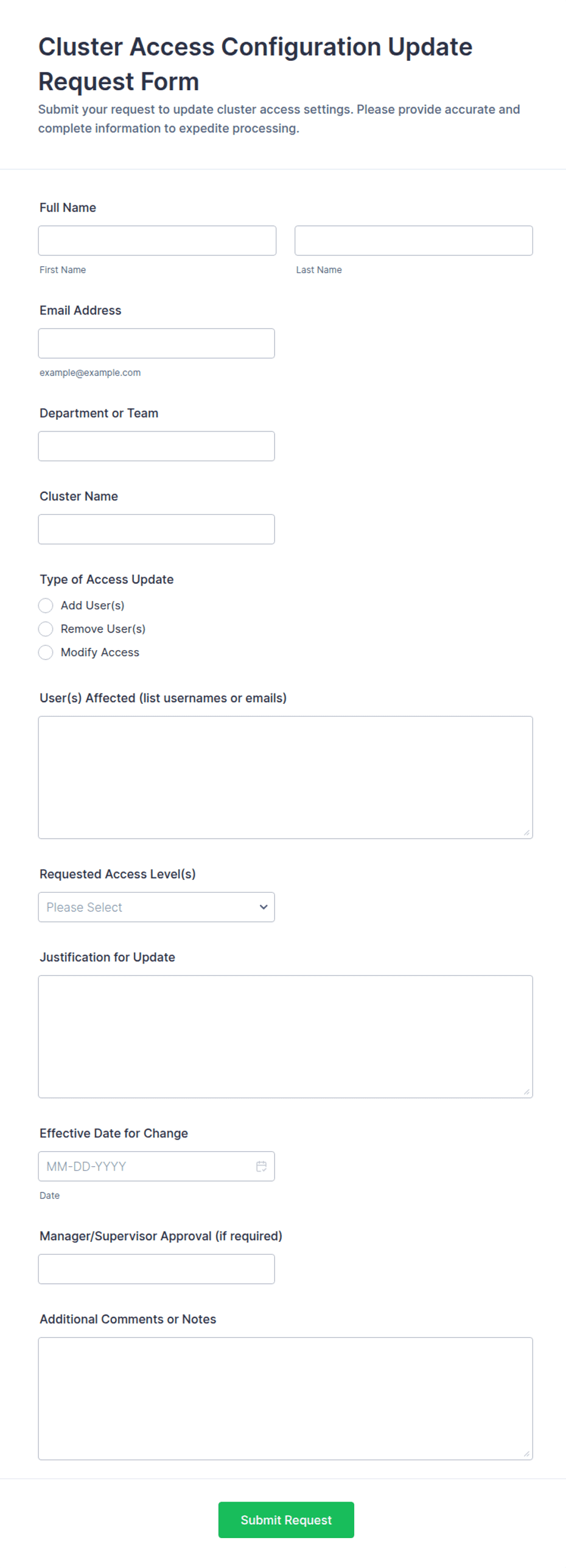 Cluster Access Configuration Update Request Form Template | Jotform