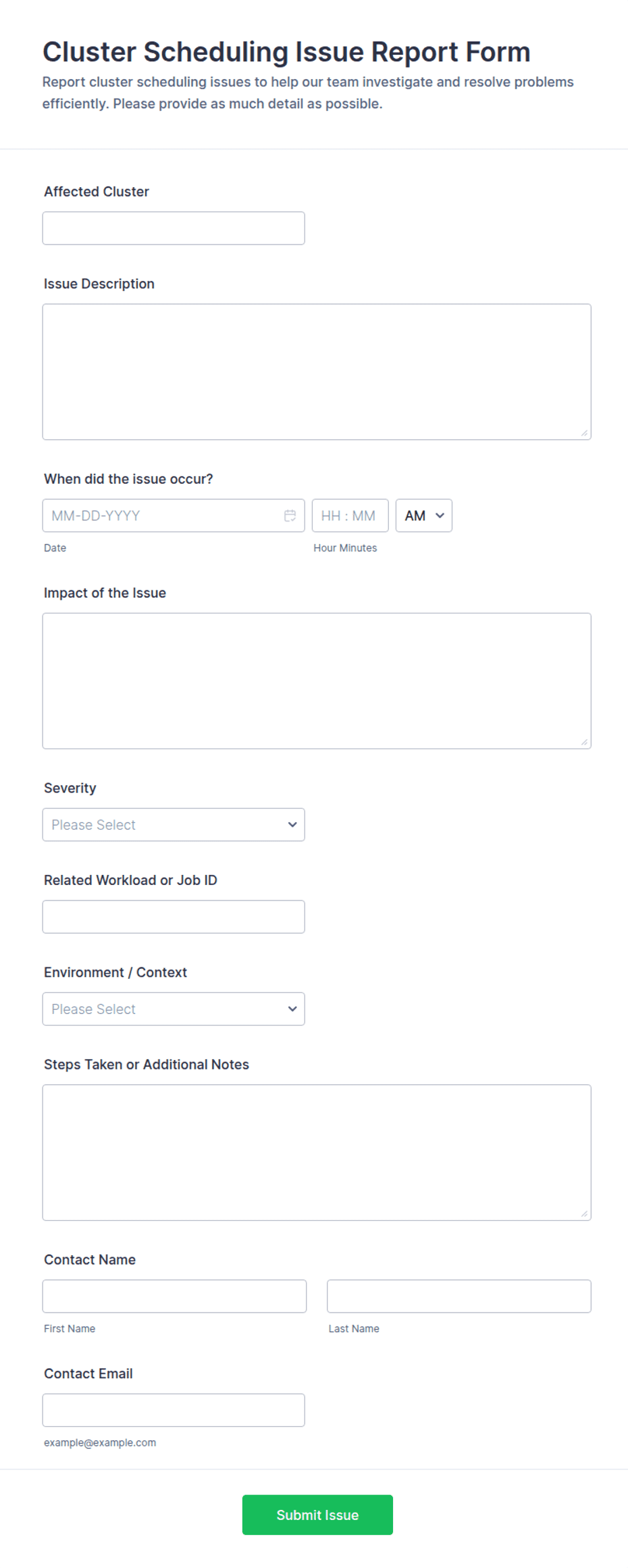 Cluster Scheduling Issue Report Form Template | Jotform
