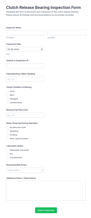 Clutch Release Bearing Inspection Form Template