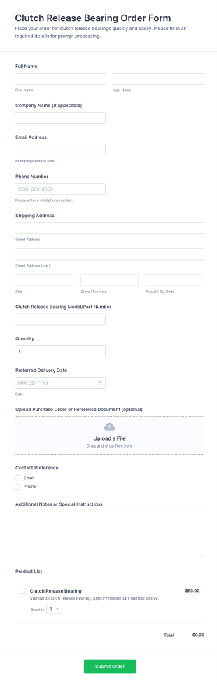 Clutch Release Bearing Order Form Template